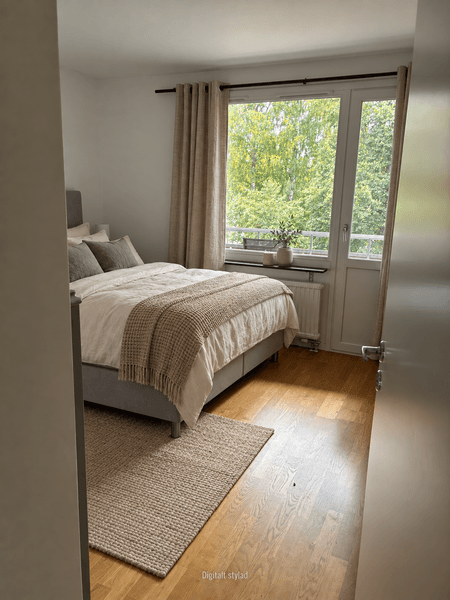 Mysigt skandinaviskt sovrum i beige och salvia.png